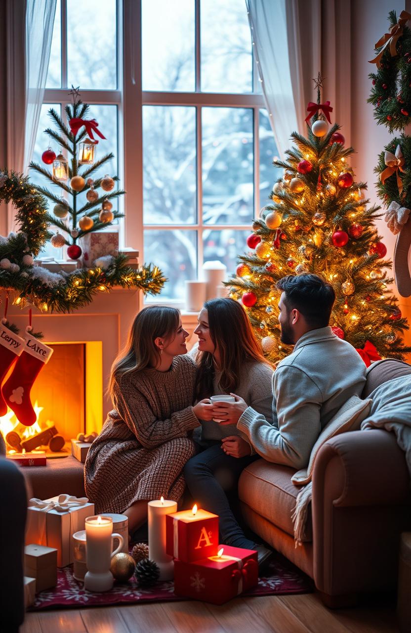 A festive scene celebrating love, joy, and peace during the Christmas season, featuring a cozy living room with a beautifully decorated Christmas tree adorned with twinkling lights and colorful ornaments