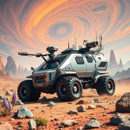An advanced planet exploration vehicle expertly designed for traversing uncharted extraterrestrial terrains, featuring a futuristic design with angular lines and a robust chassis