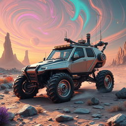 An advanced planet exploration vehicle expertly designed for traversing uncharted extraterrestrial terrains, featuring a futuristic design with angular lines and a robust chassis