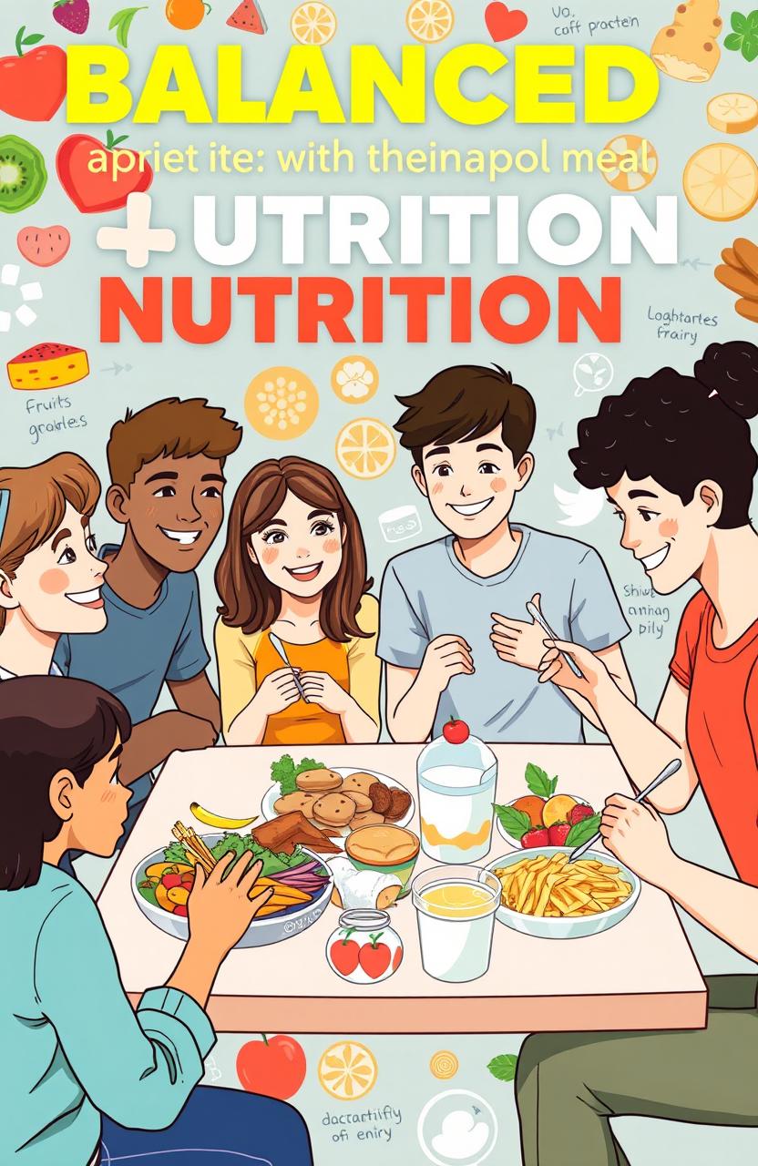 The importance of balanced nutrition for teenagers as a preparation for premarital health, featuring a vibrant and informative illustration that visually represents various food groups like fruits, vegetables, grains, proteins, and dairy in a balanced meal