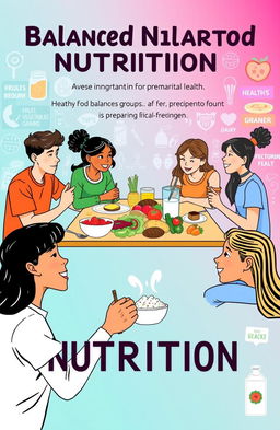 The importance of balanced nutrition for teenagers as a preparation for premarital health, featuring a vibrant and informative illustration that visually represents various food groups like fruits, vegetables, grains, proteins, and dairy in a balanced meal
