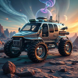 A state-of-the-art planet exploration vehicle designed for interstellar missions, featuring an aerodynamic and rugged structure ideal for alien environments