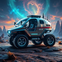 A state-of-the-art planet exploration vehicle designed for interstellar missions, featuring an aerodynamic and rugged structure ideal for alien environments