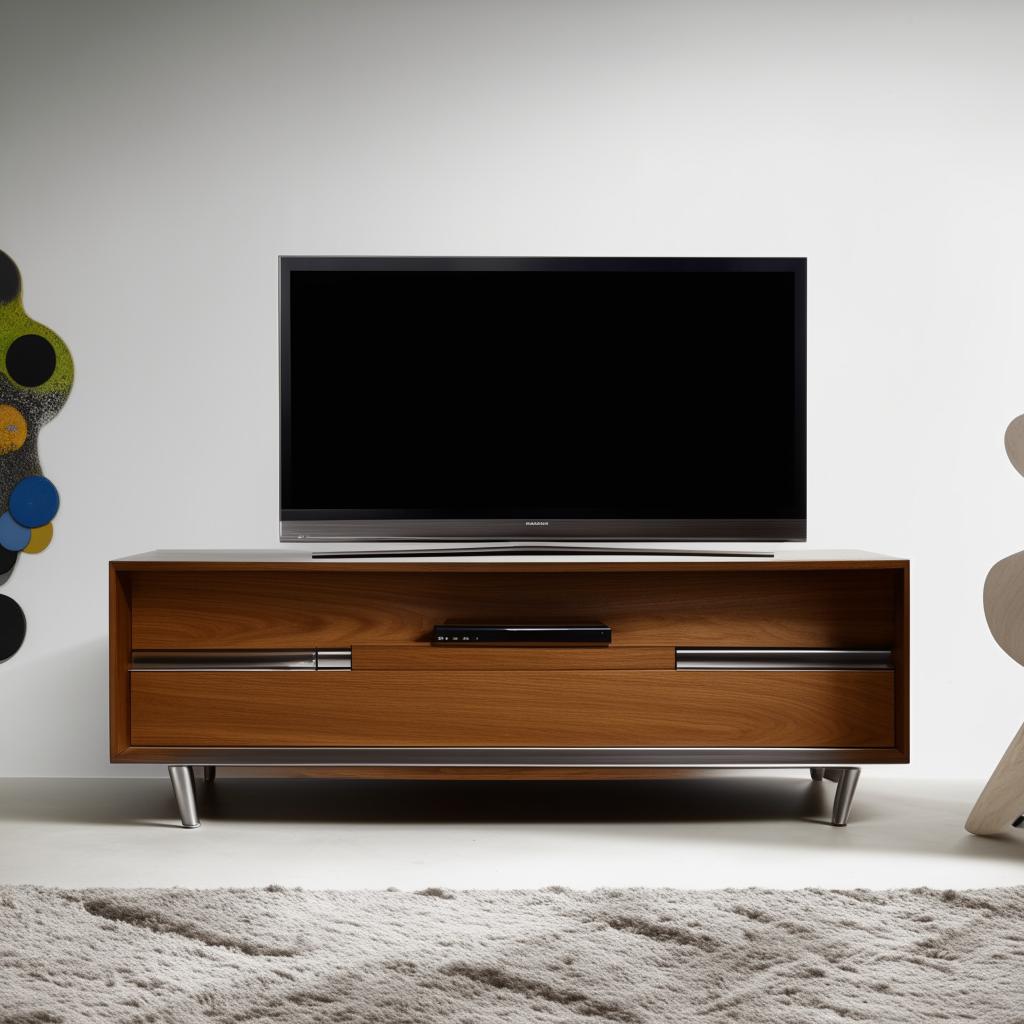 A modern and stylish television unit in a contemporary living space with ample storage. Features clean lines, wood material and shiny steel details.