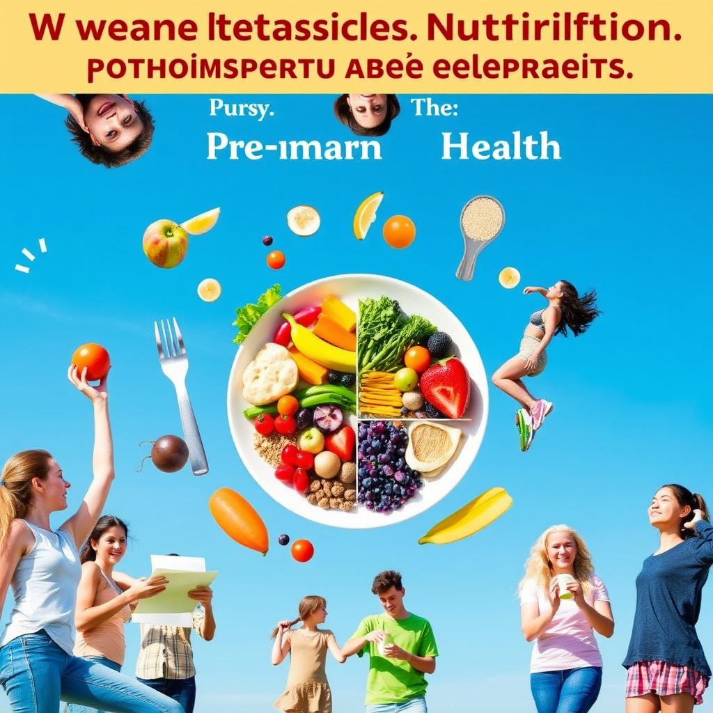 The importance of balanced nutrition for teenagers as preparation for pre-marital health, depicting a colorful plate filled with various nutritious foods like fruits, vegetables, whole grains, and proteins