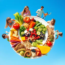 The importance of balanced nutrition for teenagers as preparation for pre-marital health, depicting a colorful plate filled with various nutritious foods like fruits, vegetables, whole grains, and proteins