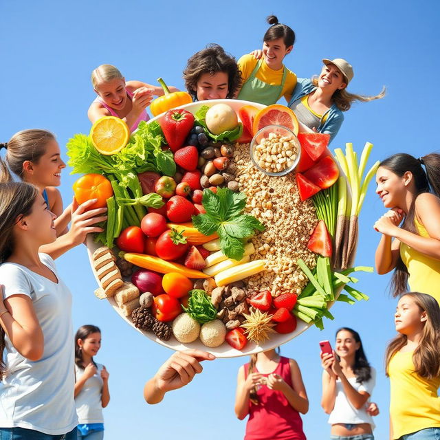 The importance of balanced nutrition for teenagers as preparation for pre-marital health, depicting a colorful plate filled with various nutritious foods like fruits, vegetables, whole grains, and proteins