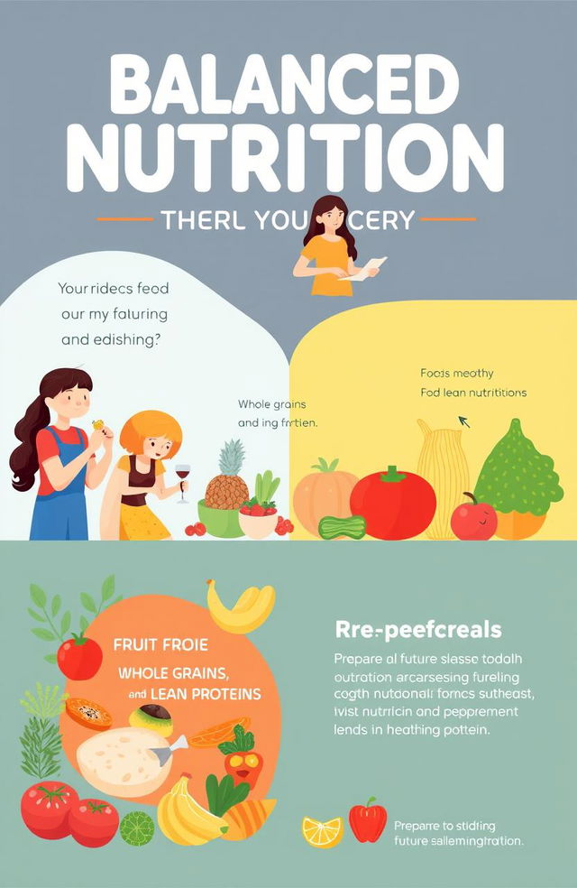 A health-focused poster emphasizing balanced nutrition for teenagers, showcasing a variety of healthy food options like fruits, vegetables, whole grains, and lean proteins