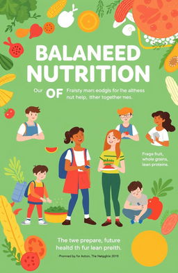 A health-focused poster emphasizing balanced nutrition for teenagers, showcasing a variety of healthy food options like fruits, vegetables, whole grains, and lean proteins