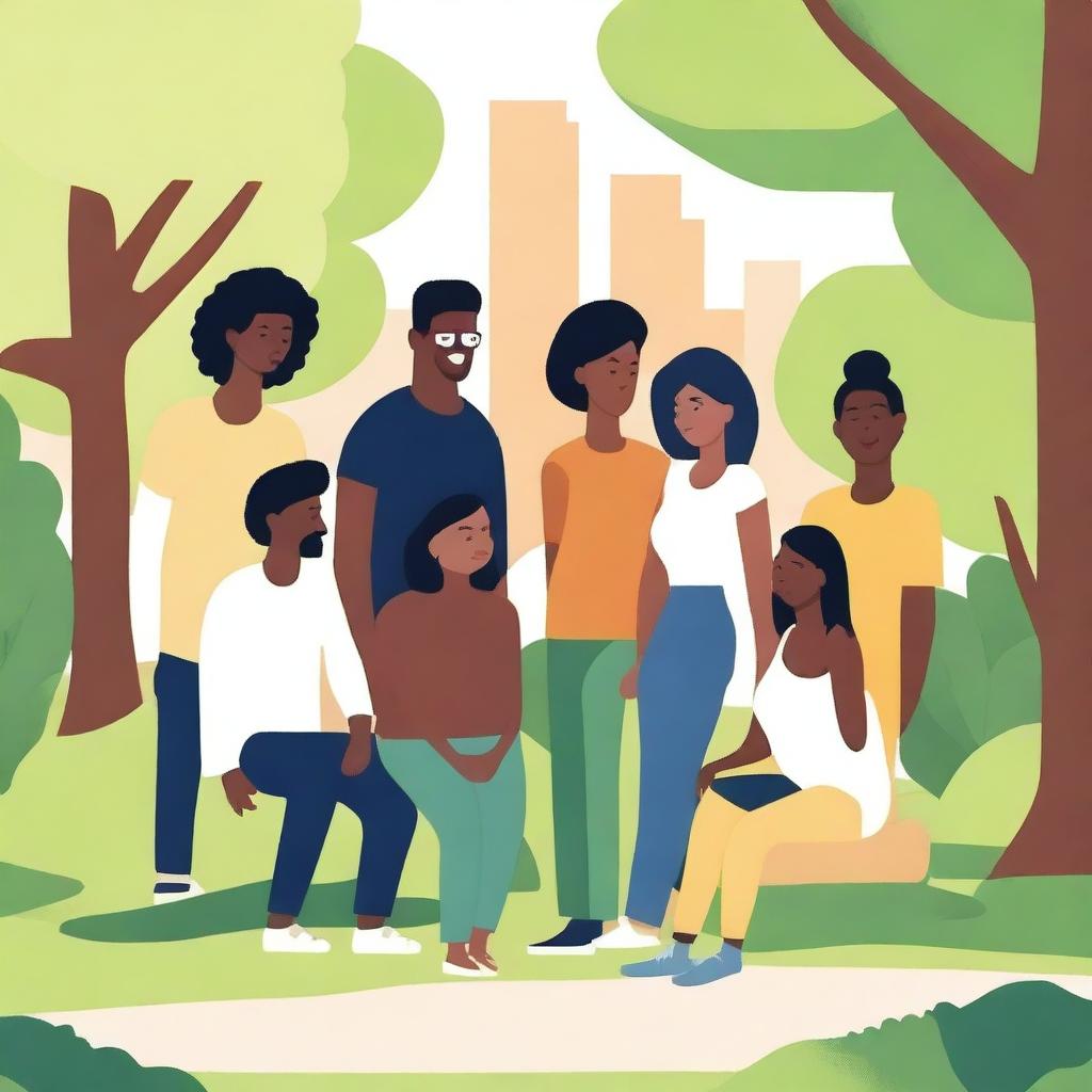 Generate an image of a group of friends of diverse cultural backgrounds hanging out in a city park.