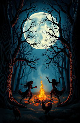 A dark and tribal themed artwork featuring a large, luminous full moon casting an ethereal glow over a mystical forest