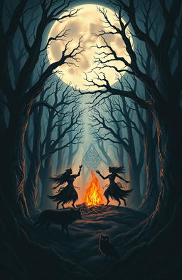 A dark and tribal themed artwork featuring a large, luminous full moon casting an ethereal glow over a mystical forest