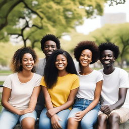 Generate an image of a group of friends of diverse cultural backgrounds hanging out in a city park.