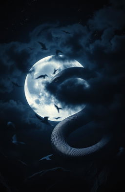 A dark and moody scene featuring a majestic full moon casting a silvery light over the landscape