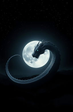 A dark, moody scene featuring a full moon casting a silvery light across a landscape