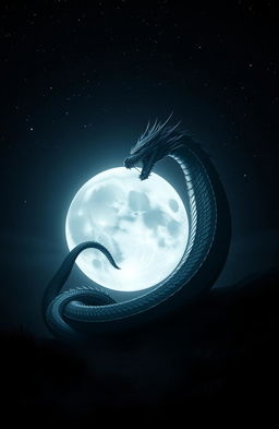 A dark, moody scene featuring a full moon casting a silvery light across a landscape