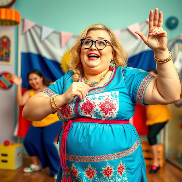 A humorous scene featuring a Russian Zumba teacher with an exaggerated dizzy expression while performing a fun dance move