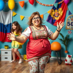 A humorous scene featuring a Russian Zumba teacher with an exaggerated dizzy expression while performing a fun dance move