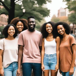 Generate an image of a group of friends of diverse cultural backgrounds hanging out in a city park.