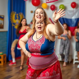 A humorous scene featuring a Russian Zumba teacher with an exaggerated dizzy expression while performing a fun dance move