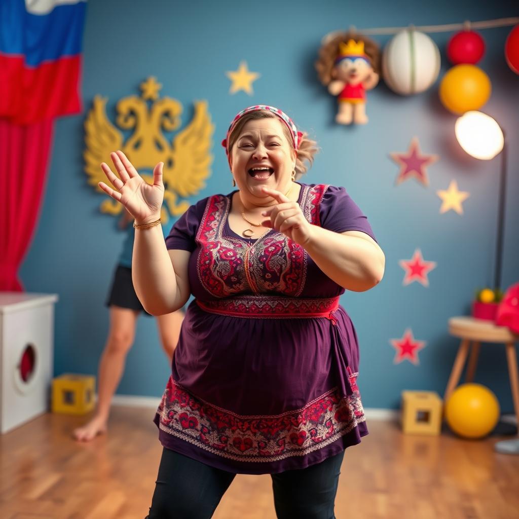 A humorous scene featuring a Russian Zumba teacher with an exaggerated dizzy expression while performing a fun dance move