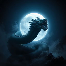 A dark, dramatic scene depicting a full moon shining with a bright, silvery light against a backdrop of deep indigo and star-studded sky