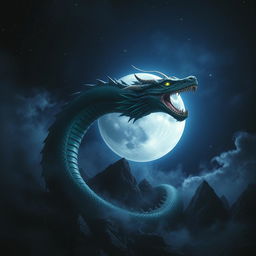 A dark, dramatic scene depicting a full moon shining with a bright, silvery light against a backdrop of deep indigo and star-studded sky