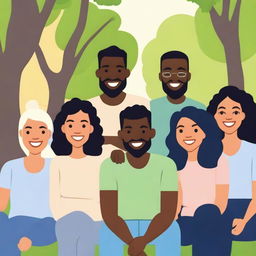 Generate an image of a group of friends of diverse cultural backgrounds hanging out in a city park.