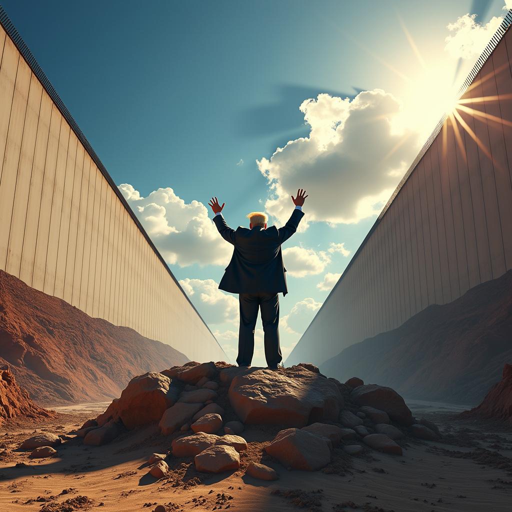 A triumphant and majestic Donald Trump standing heroically atop an impressive wall that represents the border between America and Mexico