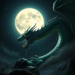 A dark and atmospheric scene showcasing a luminous full moon casting bright, silvery light against a backdrop of a deep, starry night