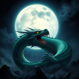 A dark and atmospheric scene showcasing a luminous full moon casting bright, silvery light against a backdrop of a deep, starry night