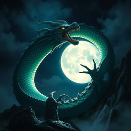 A dark and atmospheric scene showcasing a luminous full moon casting bright, silvery light against a backdrop of a deep, starry night