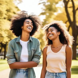 Generate an image of two friends of diverse cultural backgrounds, laughing in a sunny park