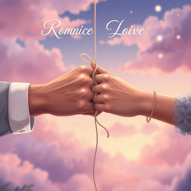 A romantic book cover illustration featuring two hands gently bound together with a soft, delicate string, symbolizing love and togetherness