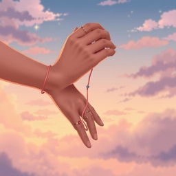 A romantic book cover illustration featuring two hands gently bound together with a soft, delicate string, symbolizing love and togetherness