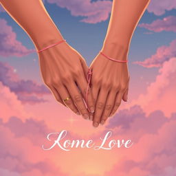 A romantic book cover illustration featuring two hands gently bound together with a soft, delicate string, symbolizing love and togetherness