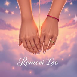 A romantic book cover illustration featuring two hands gently bound together with a soft, delicate string, symbolizing love and togetherness