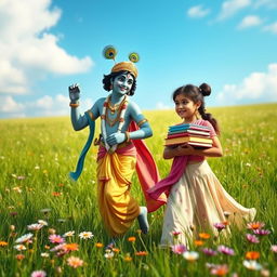 An idyllic scene depicting Lord Krishna, the Hindu deity, walking gracefully in a lush green field