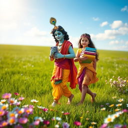 An idyllic scene depicting Lord Krishna, the Hindu deity, walking gracefully in a lush green field