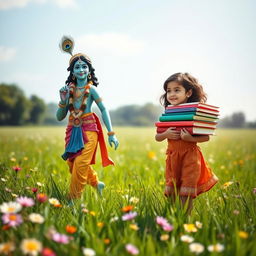 An idyllic scene depicting Lord Krishna, the Hindu deity, walking gracefully in a lush green field