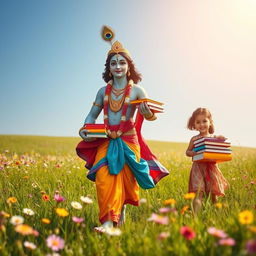 An idyllic scene depicting Lord Krishna, the Hindu deity, walking gracefully in a lush green field