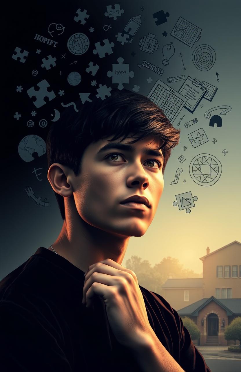 A young man deep in thought and determination, surrounded by elements symbolizing his problem-solving abilities, such as puzzles and diagrams