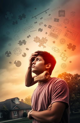 A young man deep in thought and determination, surrounded by elements symbolizing his problem-solving abilities, such as puzzles and diagrams