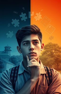 A young man deep in thought and determination, surrounded by elements symbolizing his problem-solving abilities, such as puzzles and diagrams