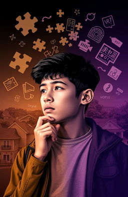 A young man deep in thought and determination, surrounded by elements symbolizing his problem-solving abilities, such as puzzles and diagrams