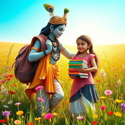 A serene scene featuring Lord Krishna assisting a young girl in a beautiful, sunlit field