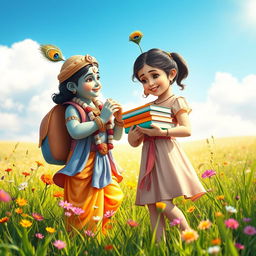 A serene scene featuring Lord Krishna assisting a young girl in a beautiful, sunlit field