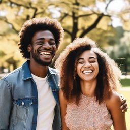 Generate an image of two friends of diverse cultural backgrounds, laughing in a sunny park