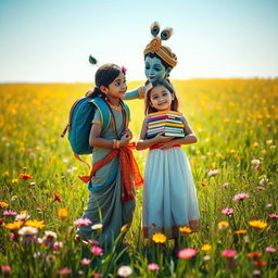 A serene scene featuring Lord Krishna assisting a young girl in a beautiful, sunlit field