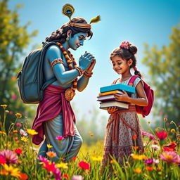 A serene scene featuring Lord Krishna assisting a young girl in a beautiful, sunlit field